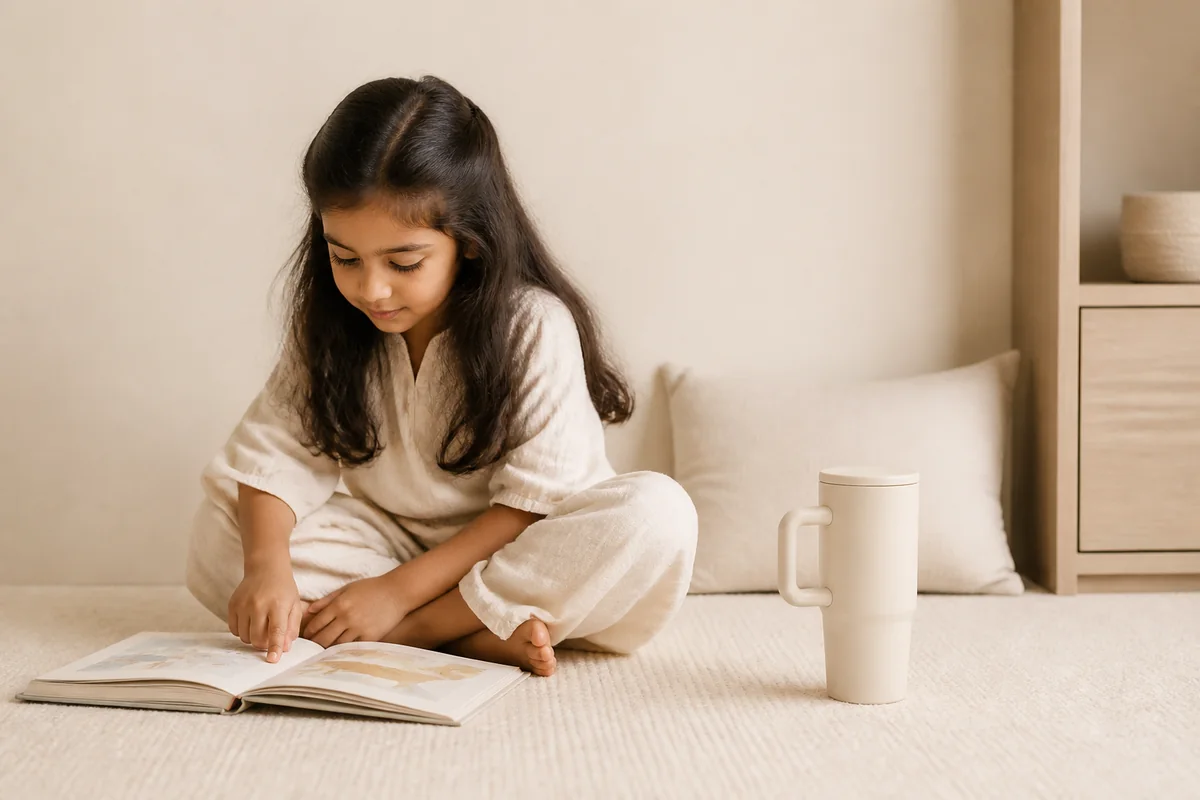 A child reading beside an oat-coloured KIVO tumbler