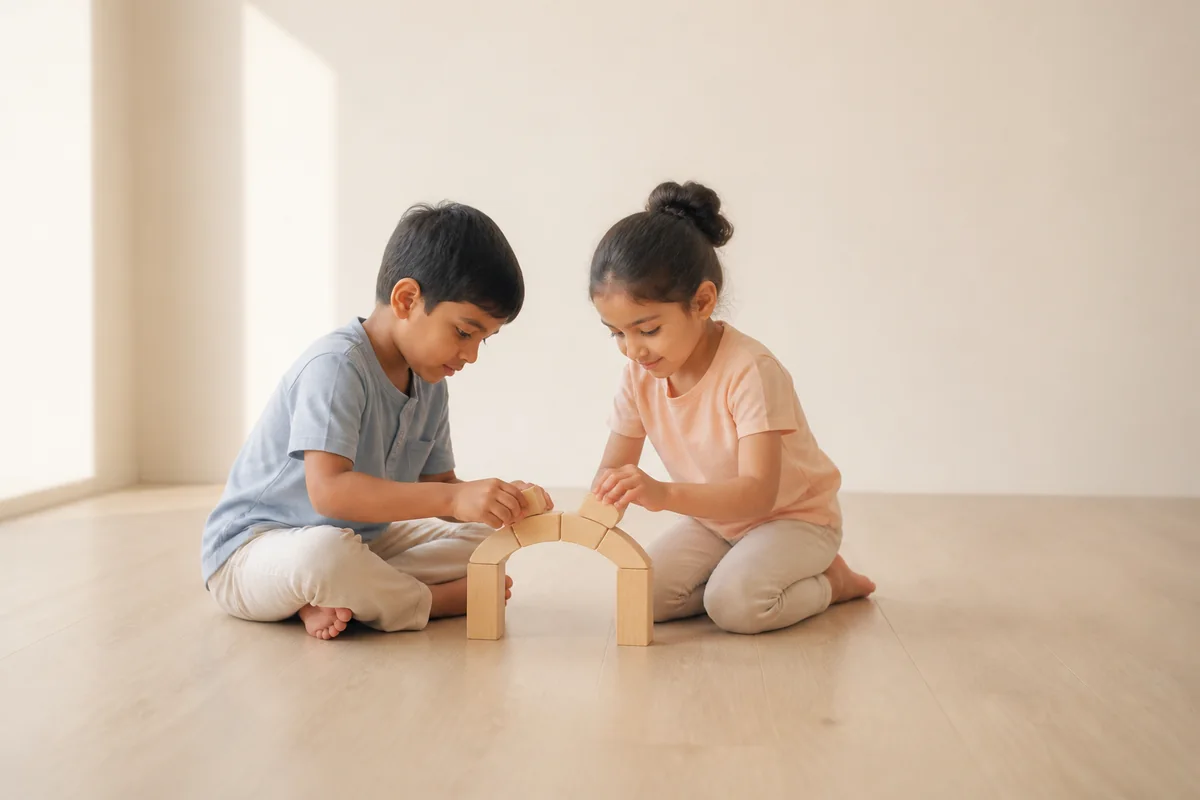Two children building a wooden arch together