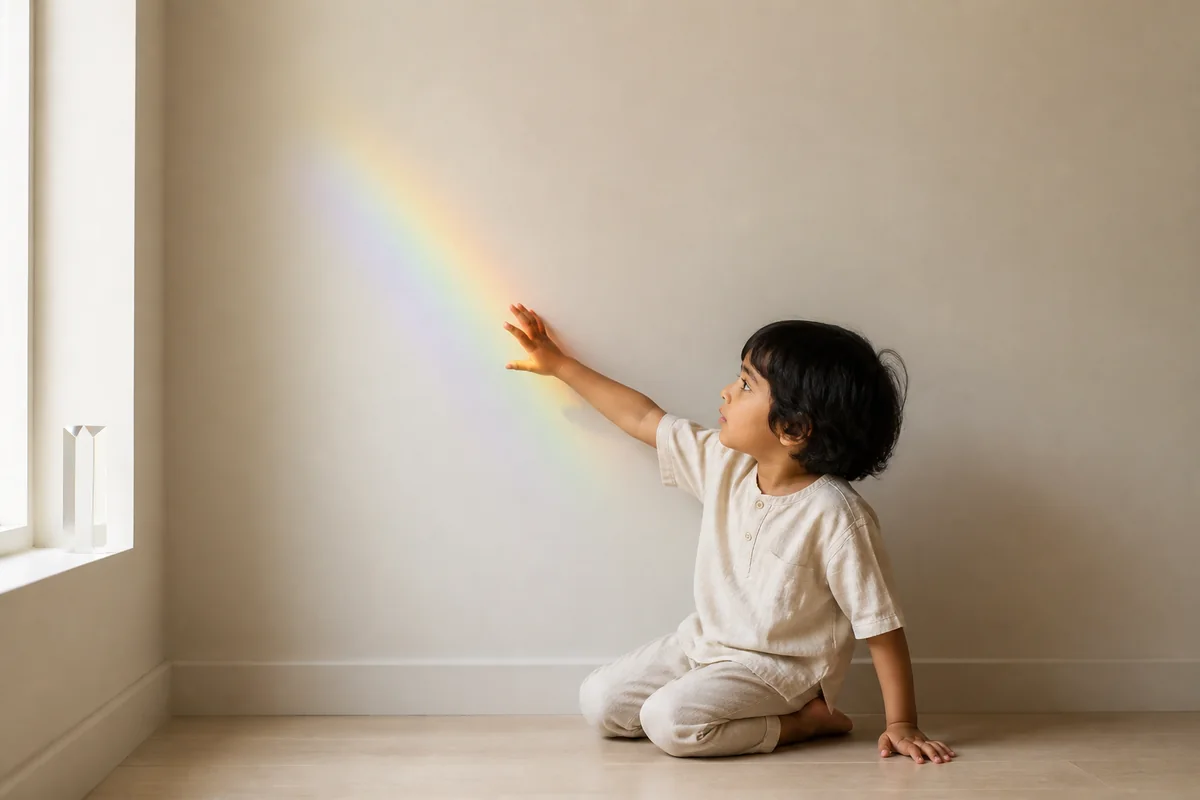 A child reaching toward a little rainbow of window light