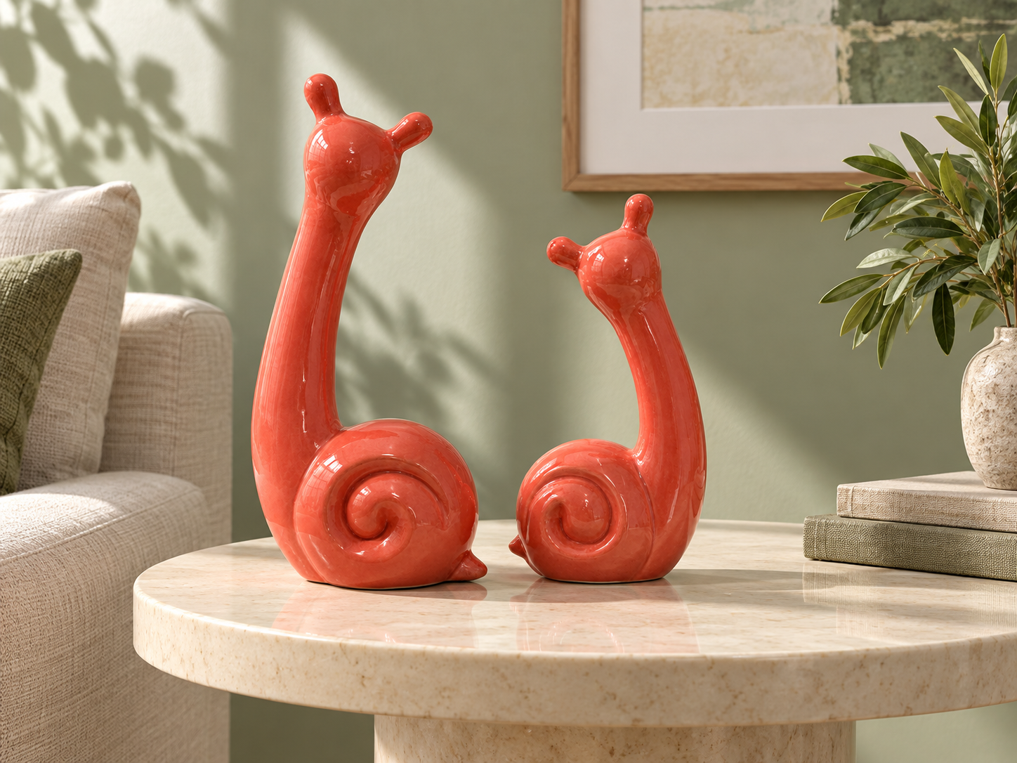 LEHAR coral snail duo styled on a side table