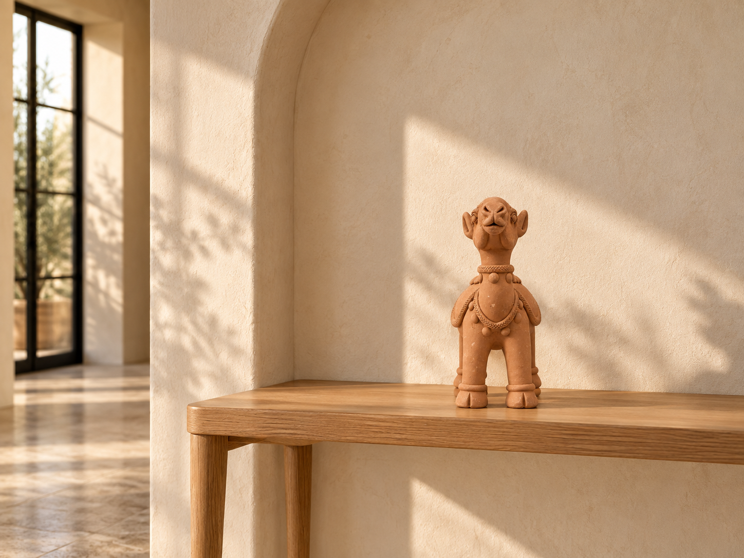 MARU terracotta camel styled on an entryway console